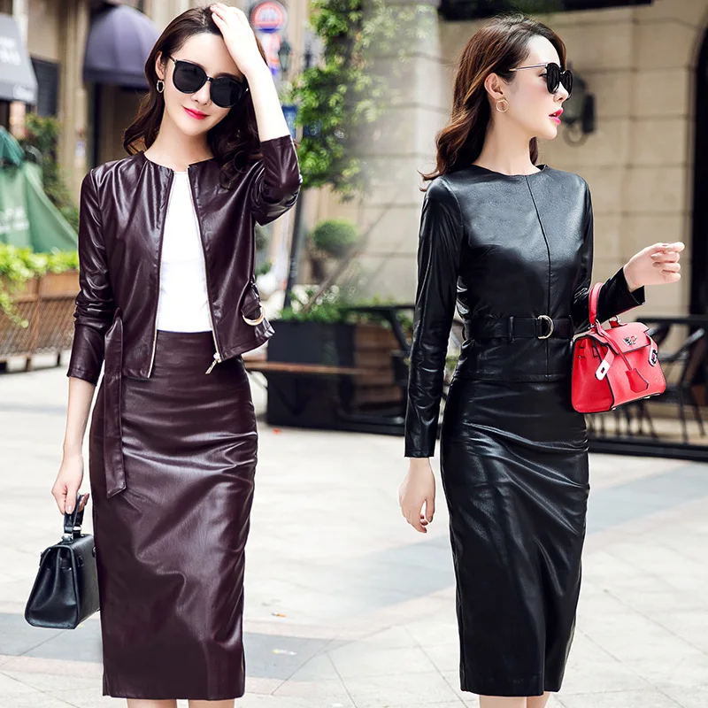 Women's suit new spring and autumn slim slimming short PU leather skirt two-piece female jacket |