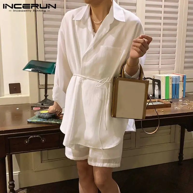 

INCERUN Fashion Men Sets Solid Color Thin Lapel Long Sleeve Shirt With Belt Drawstring Shorts 2021 Streetwear Men Casual Suits