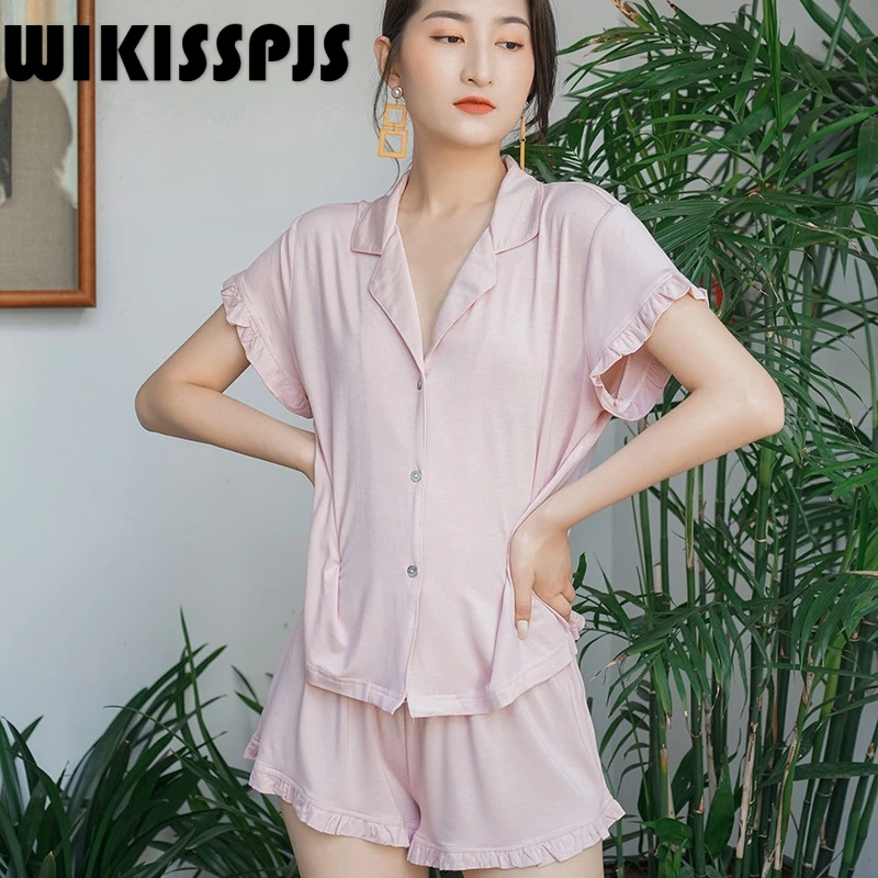 

WIKISSPJS New Ear Edge Short Sleeve 2-piece Set of Thin Modal Skin Intimate Shorts Home Suit for Women Two Piece Set Summer