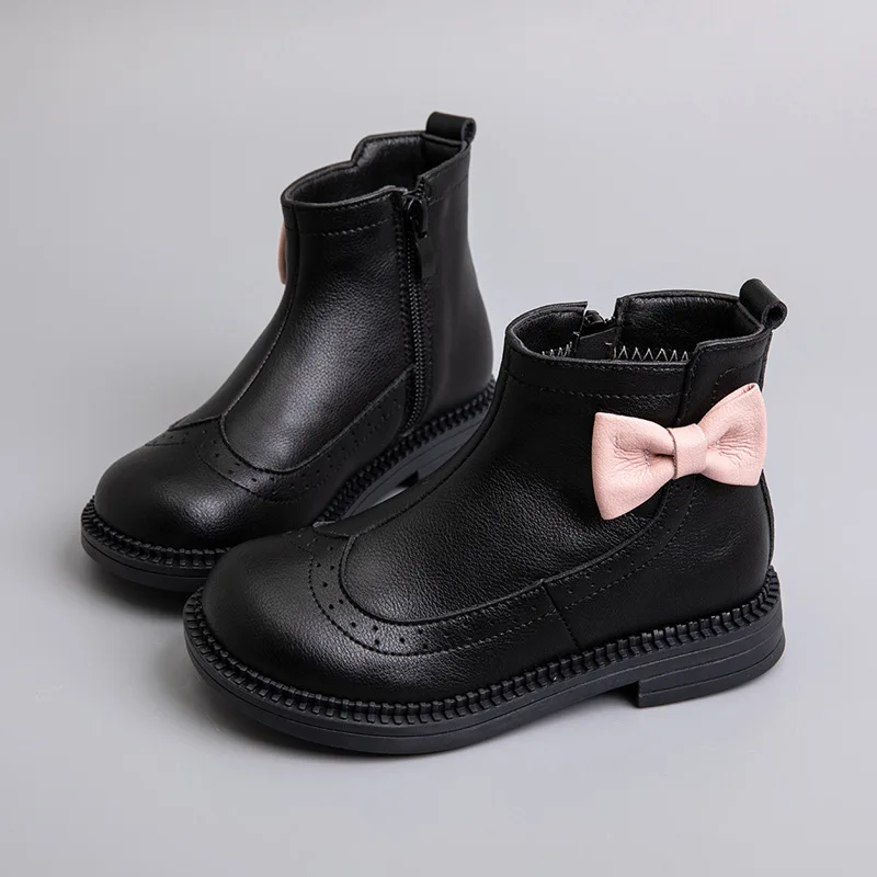 

British Style Girls Leather Martin Boots Autumn Winter 2021 New Little Princess Single Boots Fashion Children Bowtie Short Boots