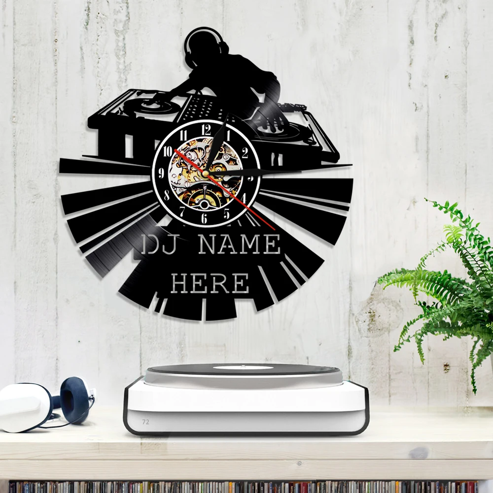 Винтажные настенные часы с виниловой пластиной и именем диджея на заказ лазерной