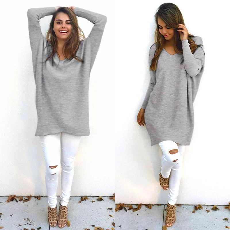 Autumn Winter Women Sweater Dress Oversized V-Neck Long Sleeve Jumper Loose Knitted Casual Women's Sweaters Pullovers | Женская
