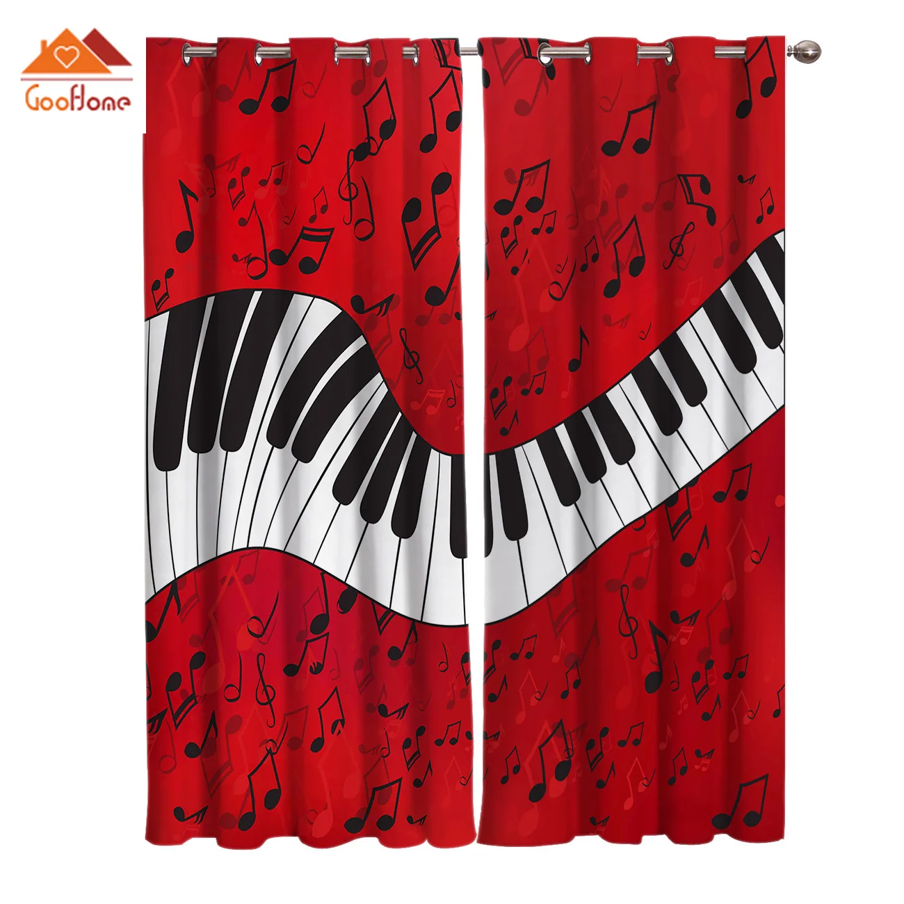Piano Music Note-cortinas de ventana de fondo rojo para sala de estar, cortinas de tela para exteriores, decoración del hogar