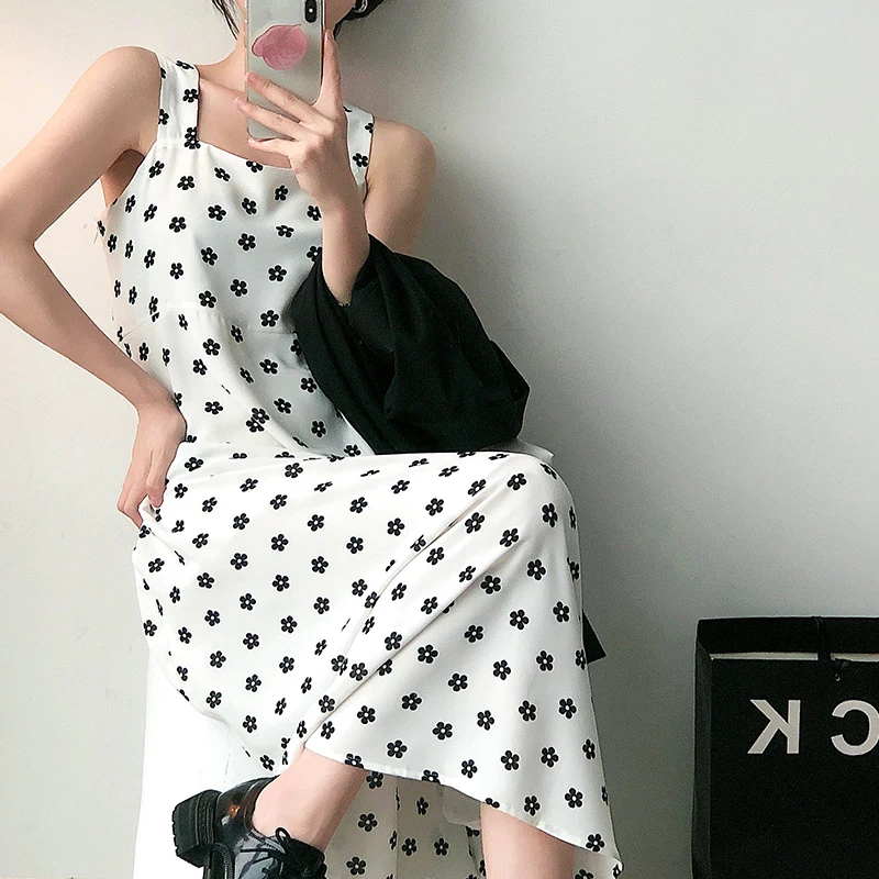 

Summer Women Floral Strap Dress 2021 Robe Casual Loose Square Collar Chiffon Tank Dress Korean Clothes Female Vestidos