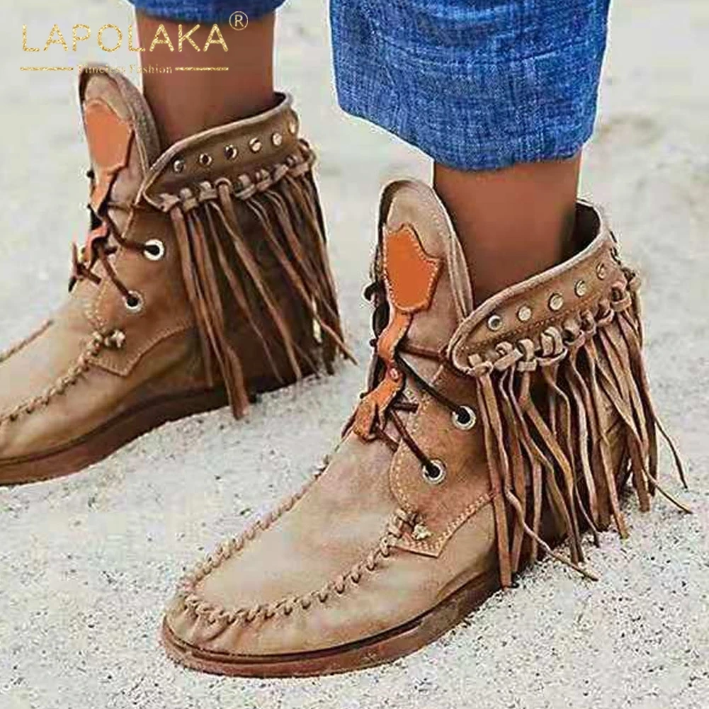 

Женские ботинки с бахромой Lapolaka, черные удобные ботинки на плоской подошве, на шнуровке, в западном стиле, большие размеры до 43, лето 2020