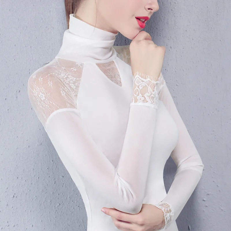 

High collar net top new long sleeve lace stitching eyelash tassel sleeve small shirt fat mm LARGE T-SHIRT