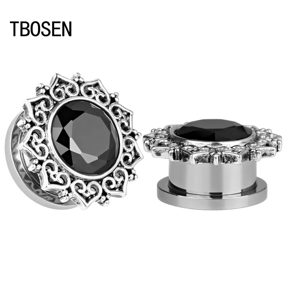 Серебряные ушные калибры TBOSEN из нержавеющей стали для пирсинга черные камни