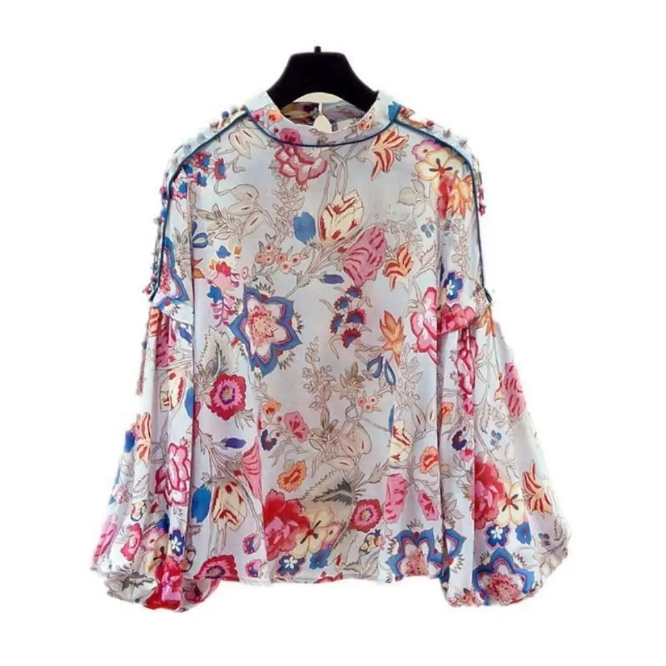 

Women's Chiffon Floral Blouse Lantern Puff Sleeve Long Sleeve Button Down Round Neck Shirt Retro All-match Stand-up Collar Tops