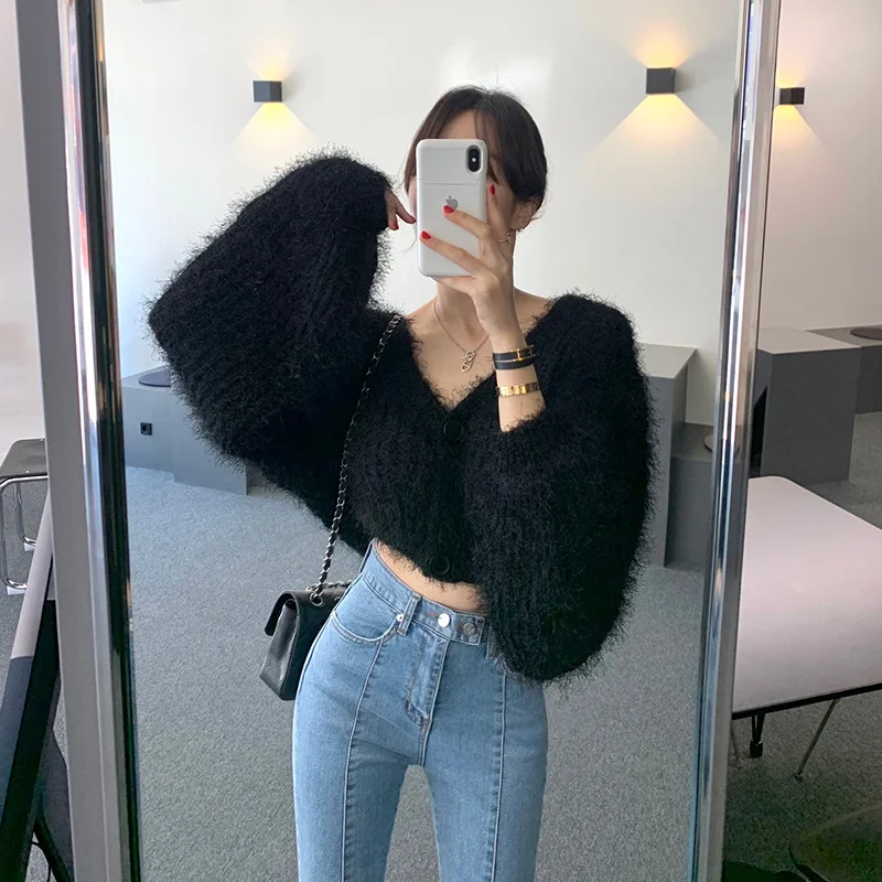 

Autumn Winter Sweet V-neck Mink Soft Waxy Short Knitted Cardigan Women Thickened Sweater Coat U895
