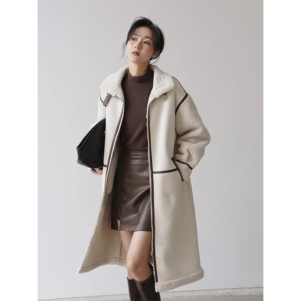 

Womens Mid-Length Cardigan Coat Long-Sleeve Stand-up Collar Office Lady Plus Velvet Plus Thick Lambswool Stitching Coat