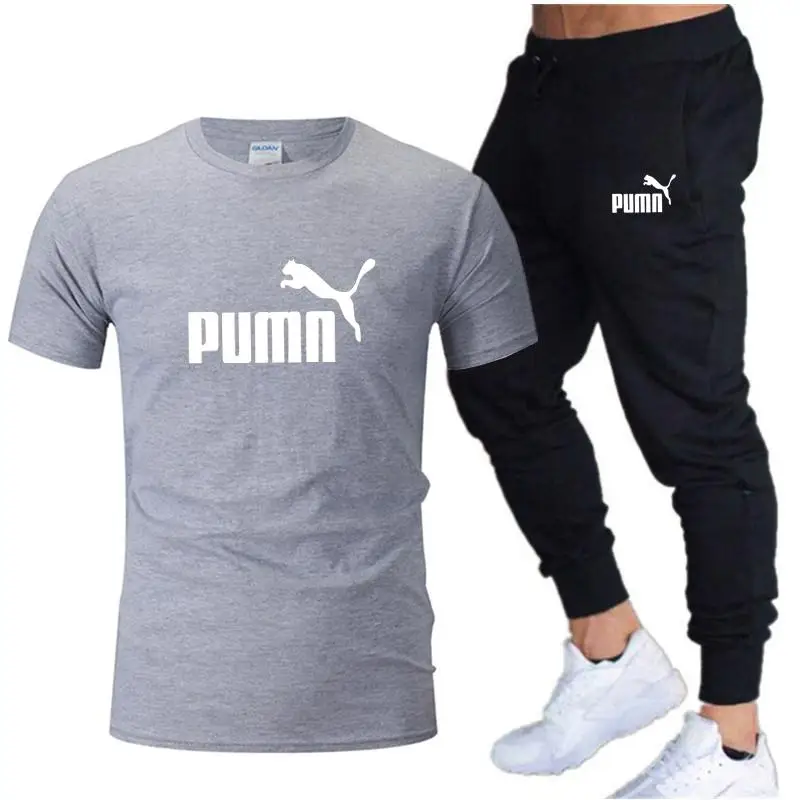 

Men's two-piece fitness shirt suit Men's leisure fitness sports suit Short-sleeved T-shirt + casual pants suit