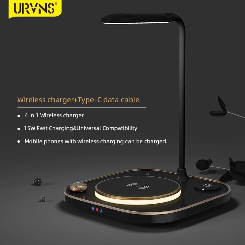 

URVNS 15W Wireless Charger With LED Desk Lamp for iPhone Samsung Fast Wireless Charging Dock For Watch Airpods Charge Station