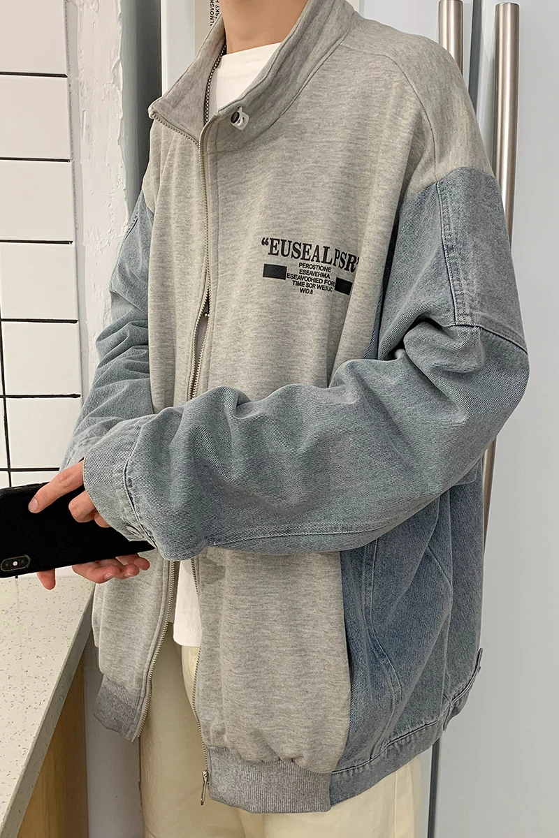 

2020 Spring And Autumn New Youth Popular Denim Splicing Sleeve Jacket Fashion Casual Loose Wild Top Black / Navy S-4XL