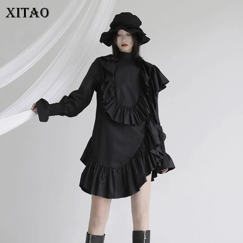 

XITAO модное асимметричное платье с оборками, Осеннее новое мини-платье 2021, однотонное черное платье с воротником-стойкой и длинным рукавом дл...