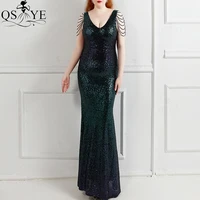 fading green evening dress mermaid v neck long prom gown plus size beading straps party dress emerald sequin women formal dress