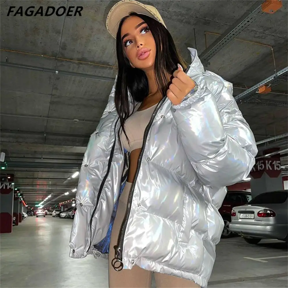 FAGADOER Winter New Glossy Loose Jacket Fashion Detachable Puffer Coat Hooded Parkas Warm Coat Female Silver Streetwear Padded