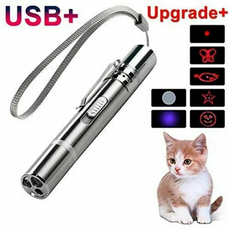 3 in 1 Laser Pointer Cat Pet Child Toys USB Rechargeable UV Torch Flashlight Mini Pet Training Dog Cat Pointer Teasing Pen 2
