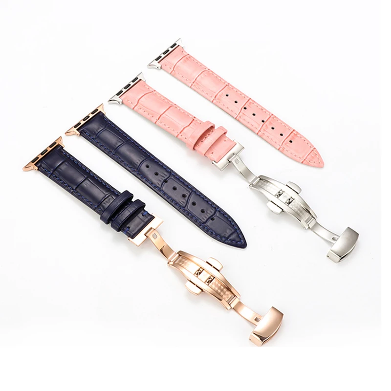 

Geniune Leather Band For Apple Watch Series 5 4 3 2 1 Smart Wrist Watch Strap For Iwatch 38 40 42 44mm Bracelet Butterfly Buckle