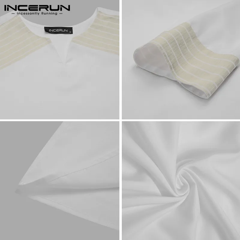 

Fashion Muslim Kaftan Robes Men Patchwork Long Sleeve V Neck Jubba Thobe Man White Arabic Clothes Casual Dubai Robes 5XL INCERUN