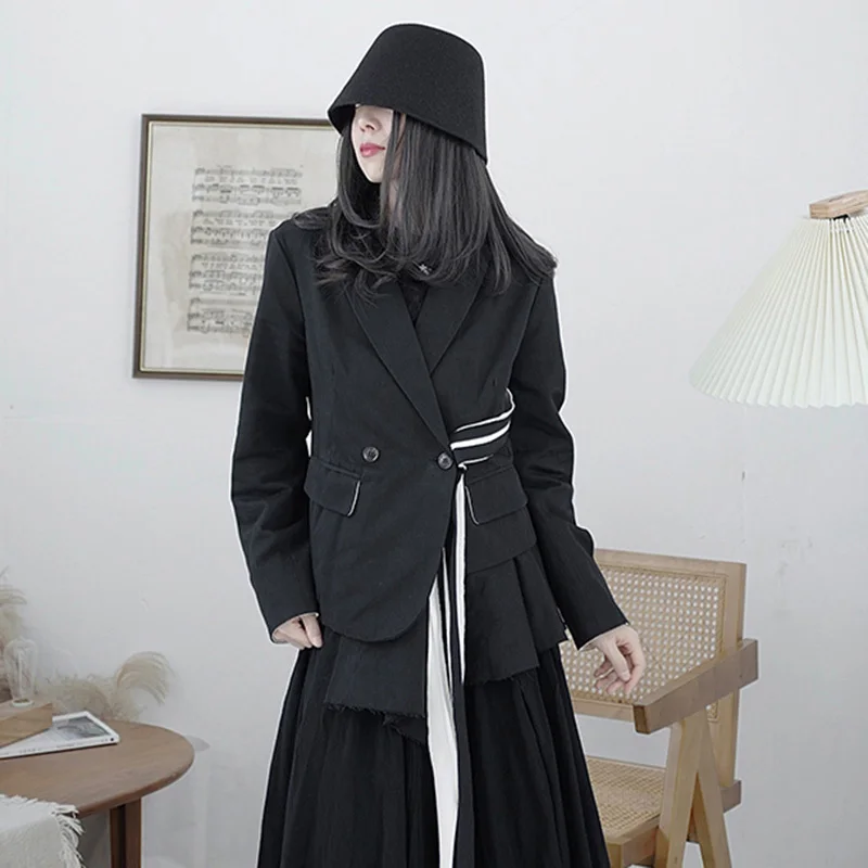 

[EAM] Women Black Irregular Ribbon Blazer New Lapel Long Sleeve Loose Fit Jacket Fashion Tide Spring Autumn 2021 1DD0791