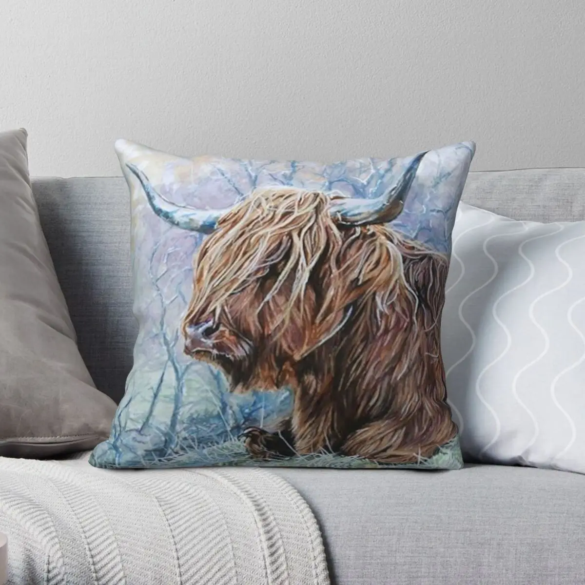 

Highland Cow In Winter Square Pillowcase Polyester Linen Velvet Printed Zip Decor Pillow Case Home Cushion Cover