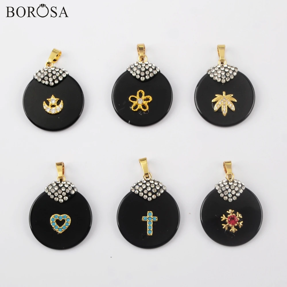 

BOROSA 5/10 шт Высокое качество круглые черные Агаты Крест Звезда и луна MiCZ микро проложить Стразы кулон для ожерелья ювелирные изделия JAB968