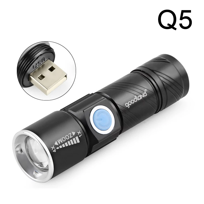 Goodland USB СВЕТОДИОДНЫЙ светильник-вспышка перезаряжаемый светодиодный фонарь светильник фонарь a T6 мощный аккумулятор тактический фонарик для велосипеда - Испускаемый цвет: Q5 Flashlight