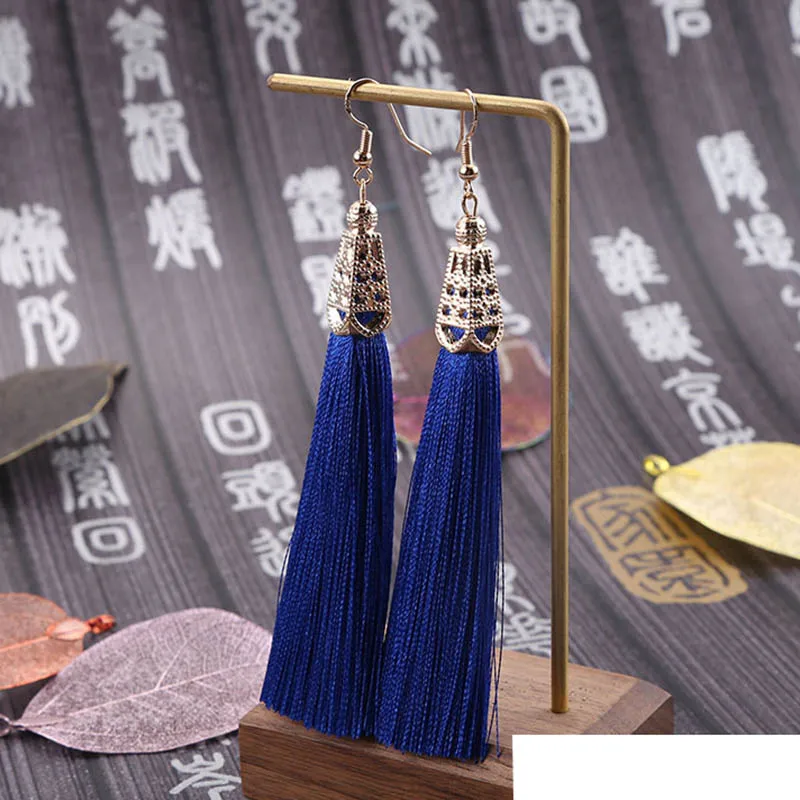 blue Корейские модные темпераментные женские серьги с кисточками Популярные богемные длинные Ретро женские серьги Ювелирные изделия Подарки - Окраска металла: blue