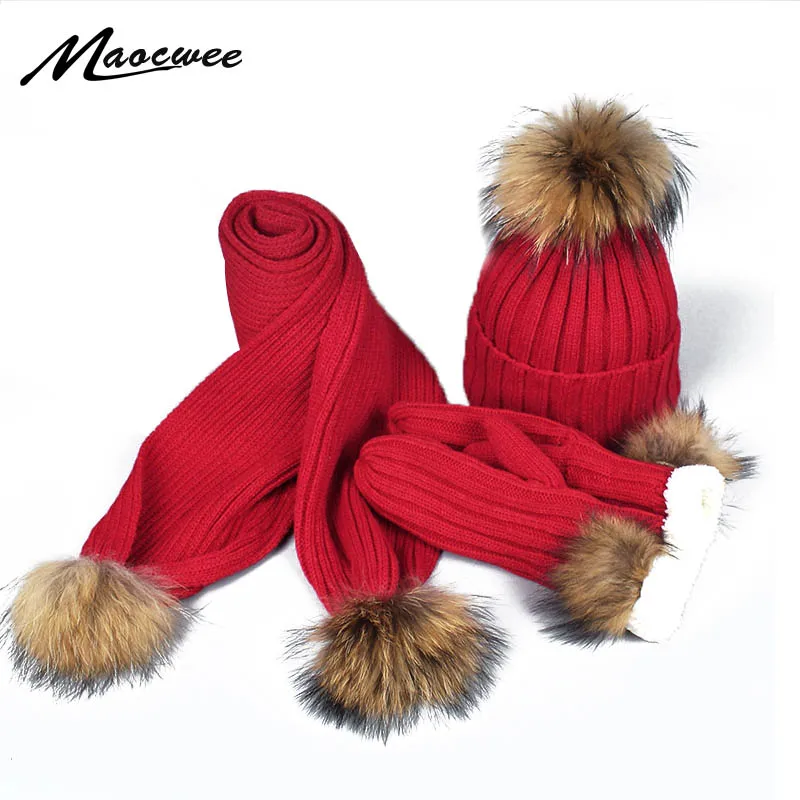 

3 шт., зимние теплые вязаные шапки с натуральным мехом