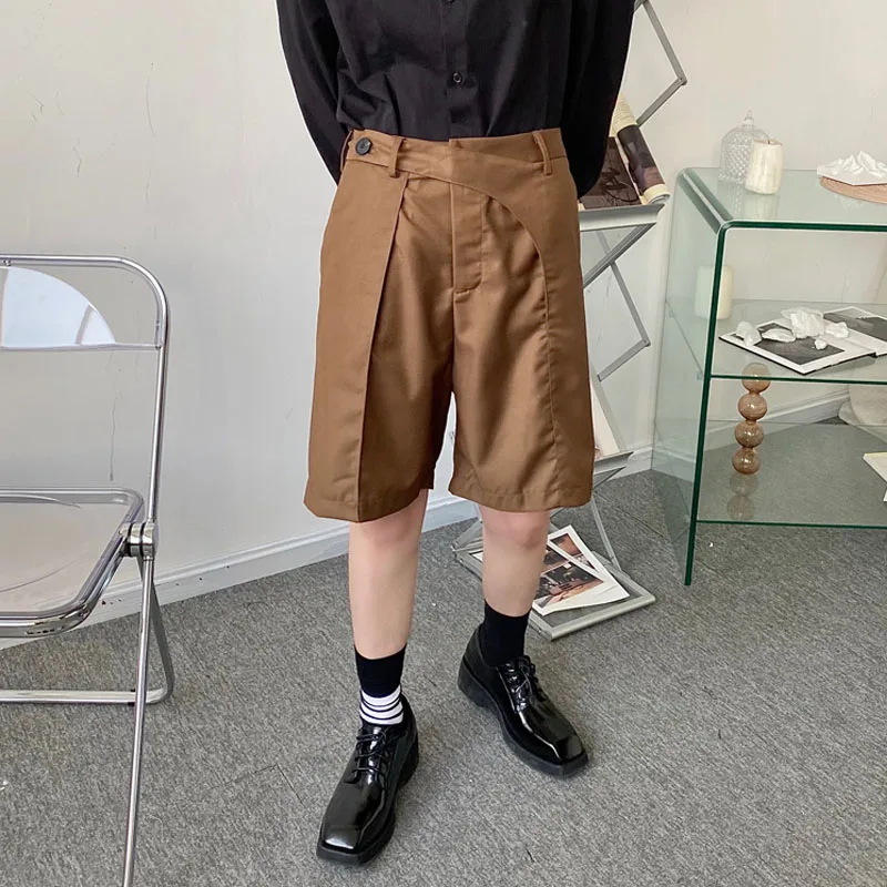

Straight Shorts Men Asymmetrical Casual Solid Color Knee Length Suit Short Pant Men's Niche Harajuku Korean Shorts