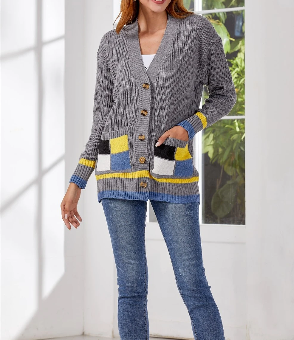 

RICORIT Cardigans Female Solid Color V Neck Long Sleeve Loose Office Lady Knitted Jacket Outer Cardigan Sweater Coat