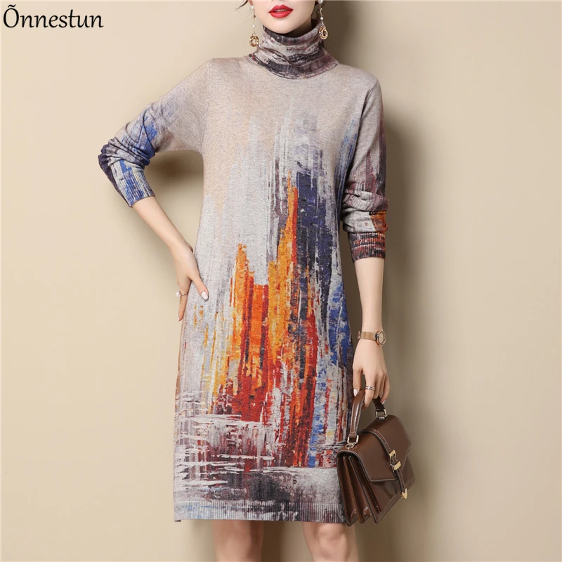 

Turtleneck Long Sweater Dress Women Fashion Long Sleeve Pullovers Print Pull Femme Jumper Plus Size High Quality Sweater Women