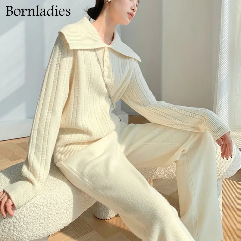 

Bornladies Autumn Winter Ladies Loose 2 Pieces Set Polo Neck Pullover Sweater & Lace-up Skinny Pants Casual Women Knitted Sets