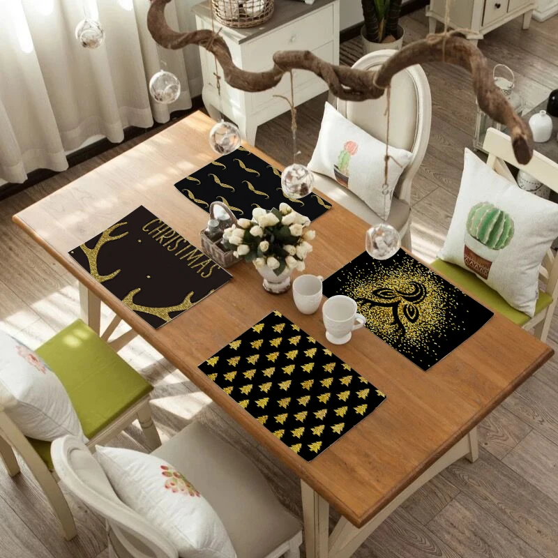 SEAAN Dark Christmas Decor Tableware Durable Dinner Table Placemat Tea Party Kitchen Accessories Bowl Cup Pads Drink Coasters