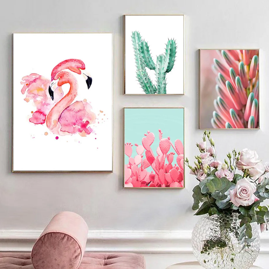 

Watercolor Flamingo Cactus Flora Plant Wall Art Canvas Painting Nordic Posters And Prints Wall Pictures For Living Room Decor