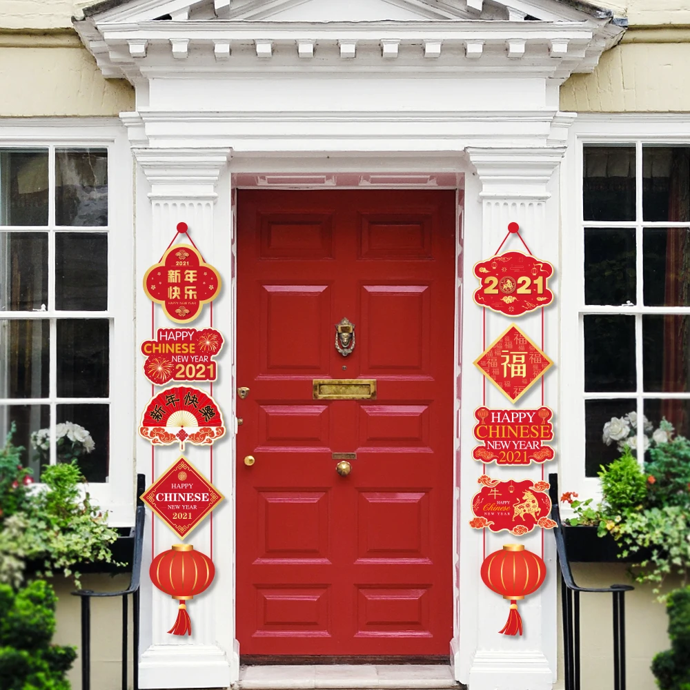 

2021 Chinese Spring Festival Party Decorations Red Lucky Lantern Hanging Banner Door Couplet Happy New Year Party Supplies