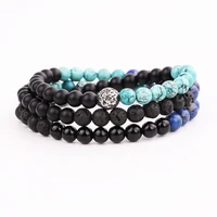 new design natural stone jewelry male bracelet three layers beads stainless steel ball elastic wrap bracelet men