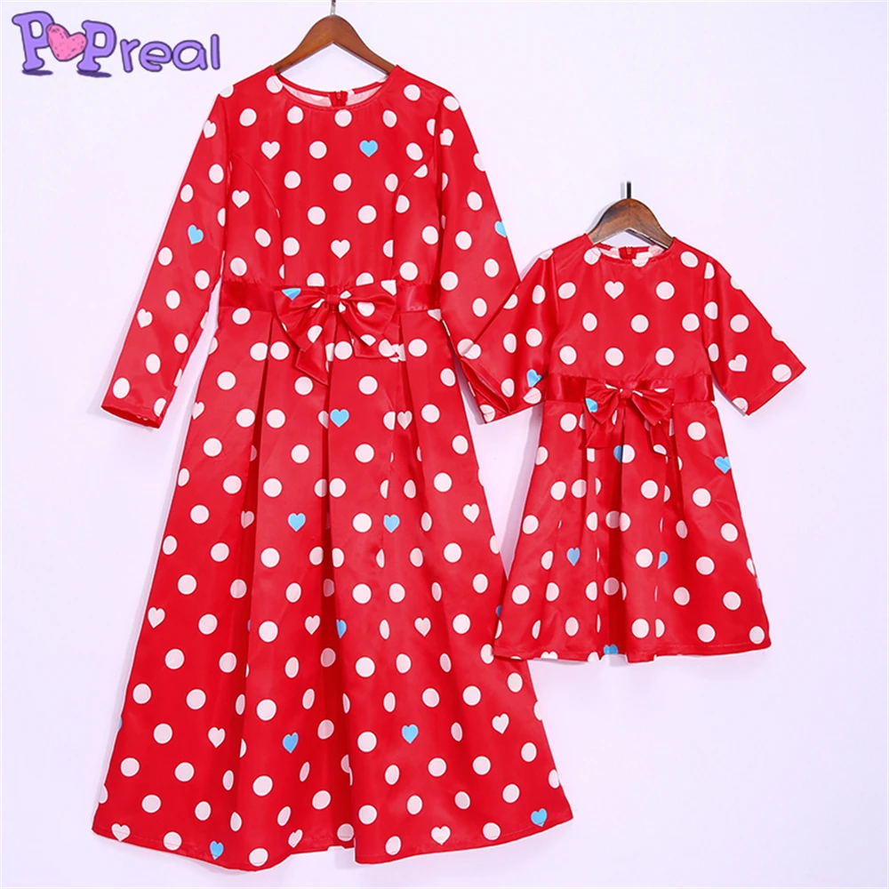 

PopReal Summer Mom And Daughter Dress Fashion Polka Dot O-Neck Short Sleeve Bow Family Matching Outfits Mother Kids Dress