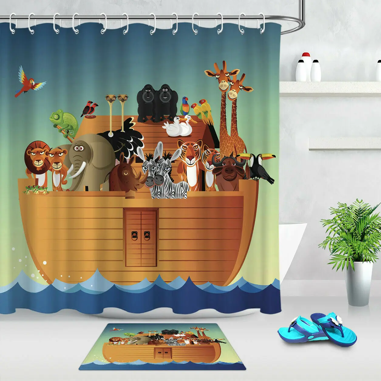 

Ark in the Flood Fabric Shower Curtain Set Bathroom Custom Rug w/12 Hooks