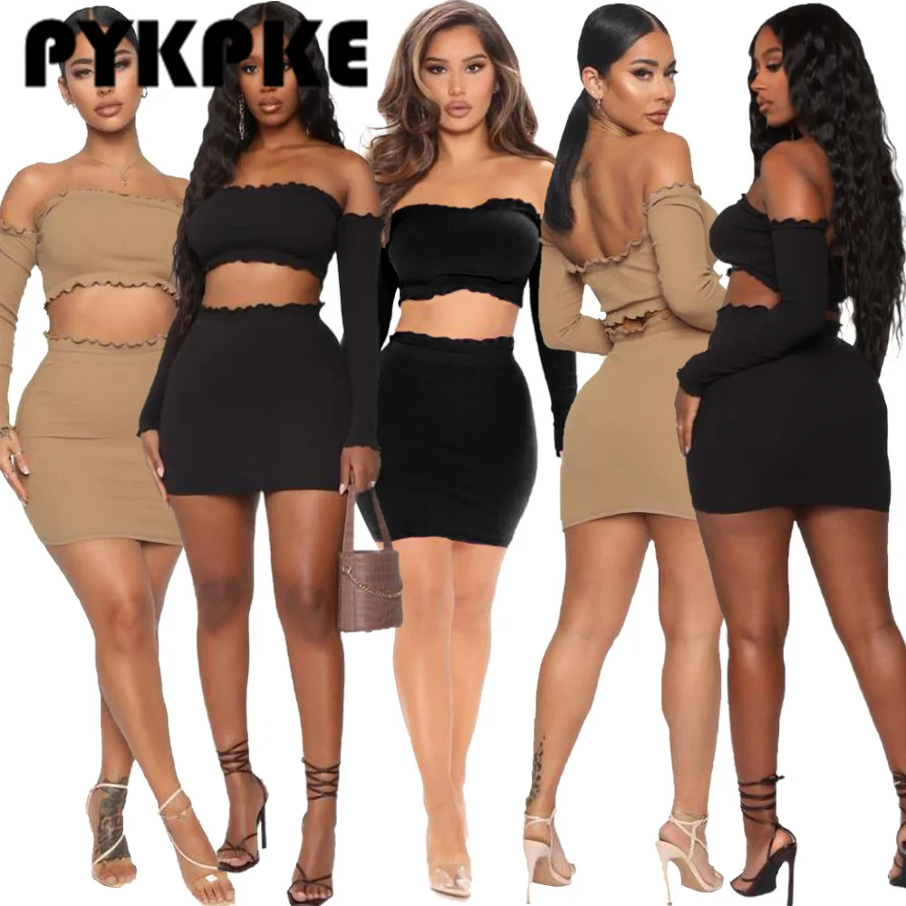 

Женский однотонный комплект из 2 предметов, короткий Топ без бретелек с оборками и мини-юбка, летний модный повседневный костюм