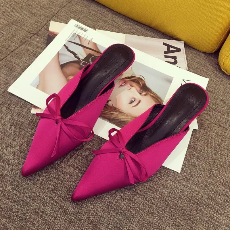 

2022 Women Summer Luxury Butterfly Knots High Heels Slides Mules Female Brand Silk Kitten Heels Closed Toe Slippers Party Shoes