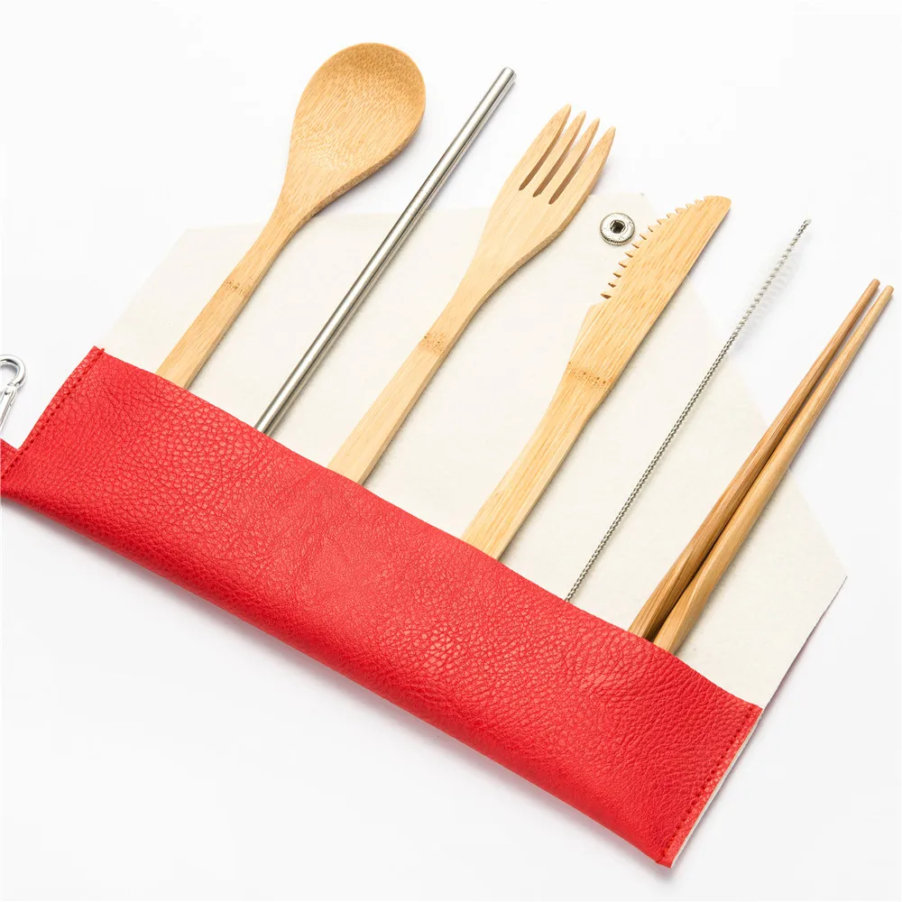7pcs setB006 Многоразовый набор bambooстоловых приборов деревянный портативный набор посуды Резак Режущий мешок для студентов офисный Рабочий набор посуды кухонный инструмент - Цвет: 7pcs setB006