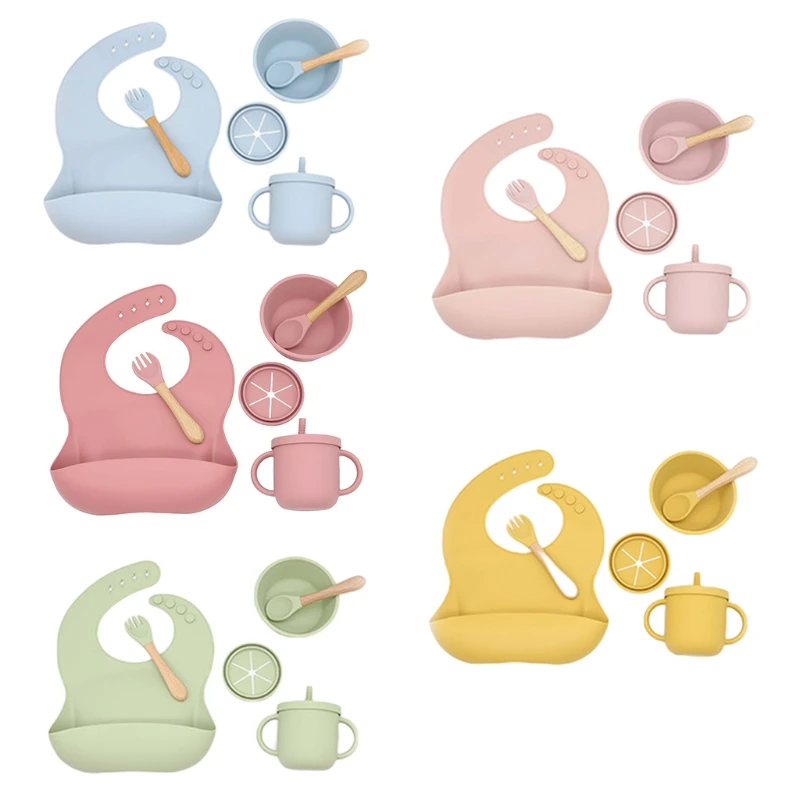 

67JC 6 Pieces Waterproof Kids Spoon Baby's Bibs Dishes Set for Babies to Use when Dining Out Traveling Tasteless Eco-friendly