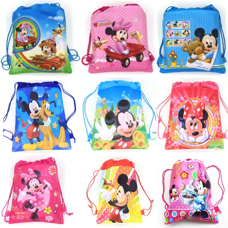 

8/16/24/32 pcs/lot Disney Mickey Minnie Mouse Theme Birthday Party Non-woven Fabric Drawstring Bags High Quality Storage Bag