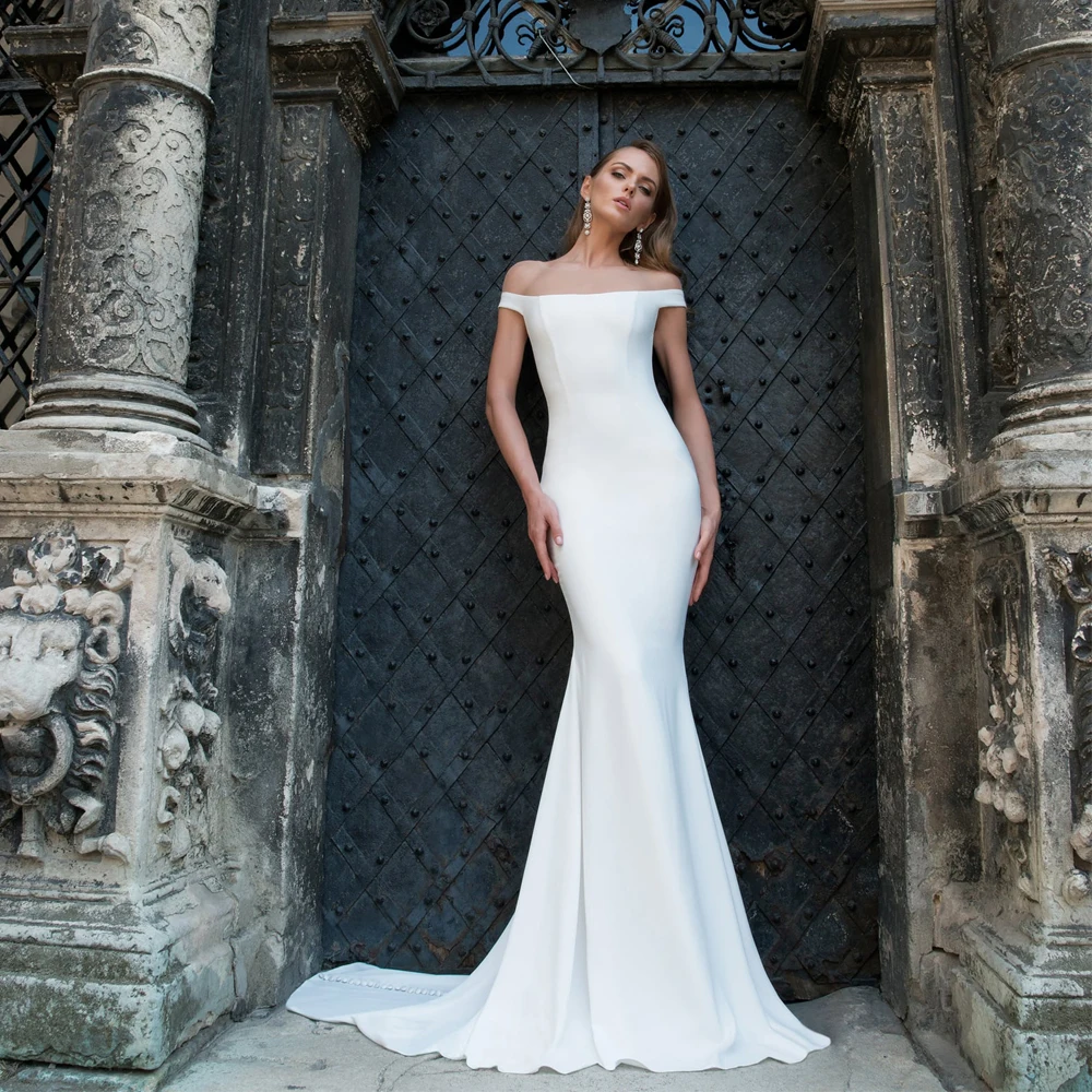 

Vestidos Elegant Wedding Dresses Satin Pleat Off-Shoulder Square Collar Covered Button Mermaid Bridal Gowns