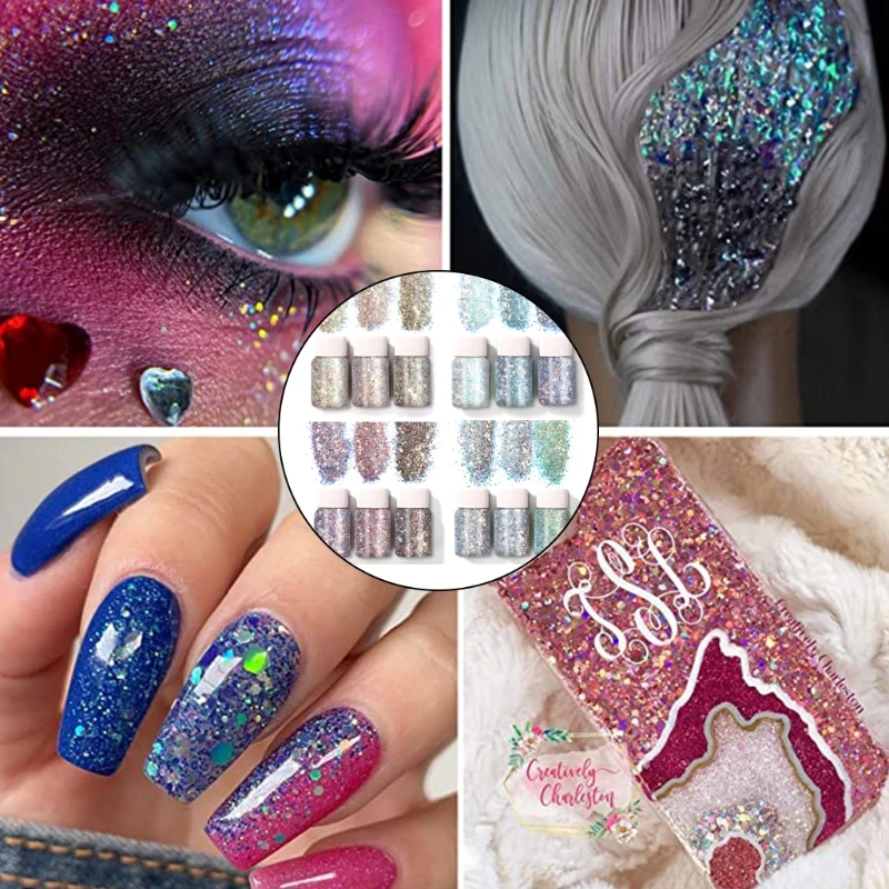 

12 Colors Holographic Chunky Glitter Sequins for Face Body Eye Hair Nail Decoration DIY Crafts Flakes