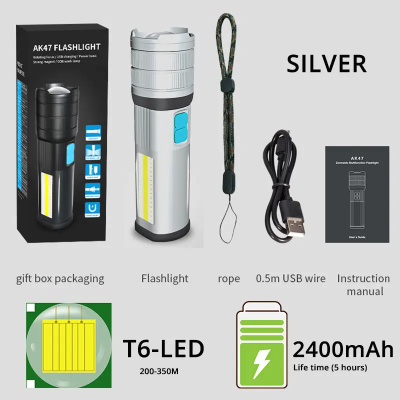 SILVER-T6-2400mAh Высококлассный светодиодный фонарь для кемпинга, мобильный фонарь с двойным боковым светом, перезаряжаемый супер яркий фонарь с магнитом - Испускаемый цвет: SILVER-T6-2400mAh