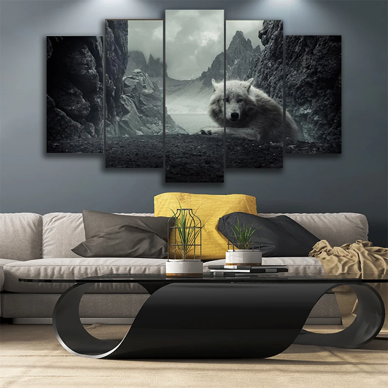 

5 Piece Wall Art Canvas Painting Landscape A White Wolf Poster Decorative Framework Living Bedroom Modular Room Pictures