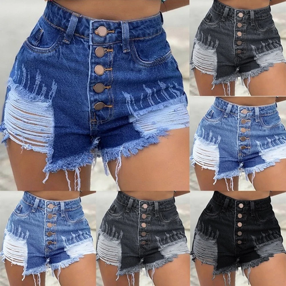 

Newly Women Summer Ripped Denim Shorts Ladies Front Button High Waist Slim-up Shorts Women Pantalones Cortos De Mujer
