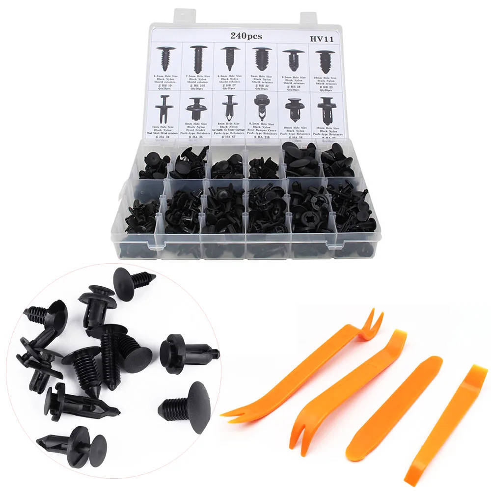 

240PCS Bumper Retainer Clips Car Plastic Rivets Fasteners Push Kit Rivets Door Trim Panel Fender Clip Screwdriver Removel Tools